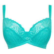 Load image into Gallery viewer, a flat lay of a bright lagoon blue colored lacy bra with a silver ring detail on the gore.
