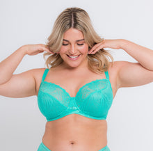Load image into Gallery viewer, a woman with blonde hair is wearing a lagoon blue colored lacy bra
