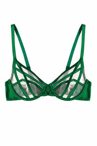 a flat lay of a green cage bra